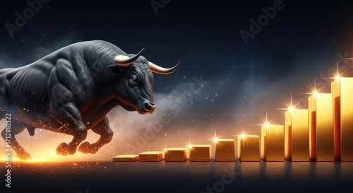 Powerful Bull Charges Upward Growth Golden Bar Chart
