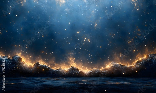 A night sky filled with stars and clouds illuminated by golden light on a dark horizon line