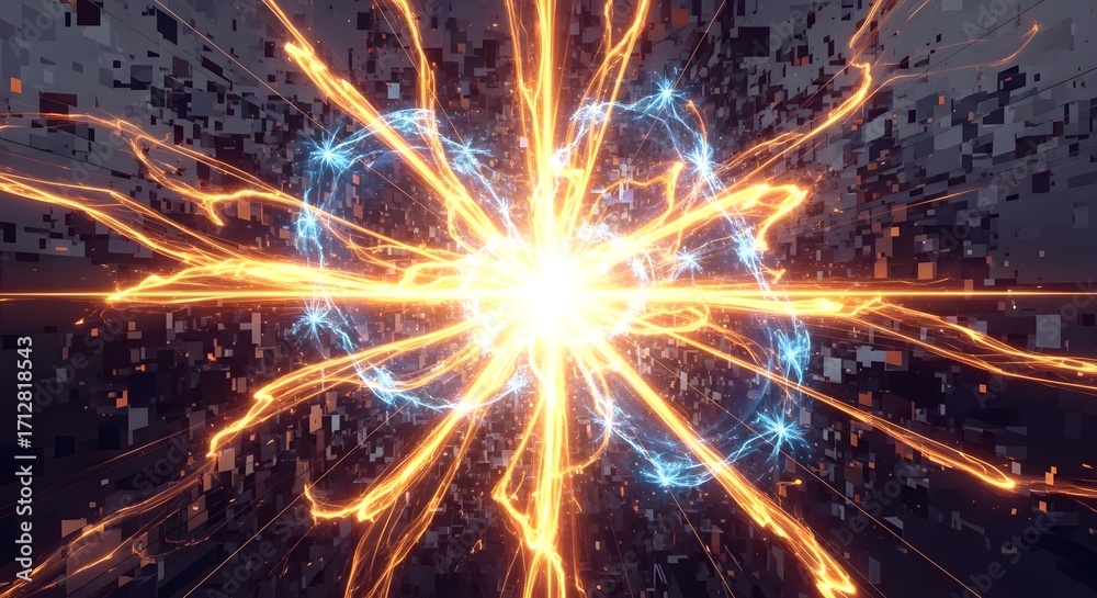 Fototapeta premium Energetic light explosion with vibrant rays and abstract digital background