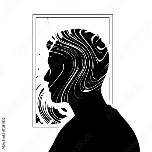 A graphic male profile silhouette filled with a dynamic swirling white liquidlike pattern.