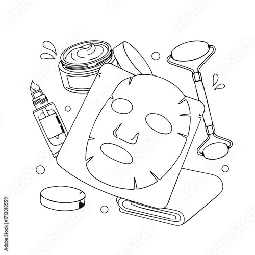 A handdrawn line art composition of skincare essentials sheet mask jade roller serum and face cream.