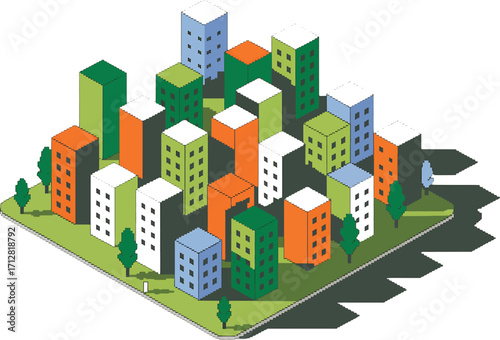 Isometric Pixel Art Cityscape with Colorful Buildings and Green Trees on a Grassy Base urban