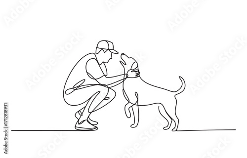 Person kneeling Happy dog sitting inside a circle simple line drawing portrait vector, Continuous One Line art

