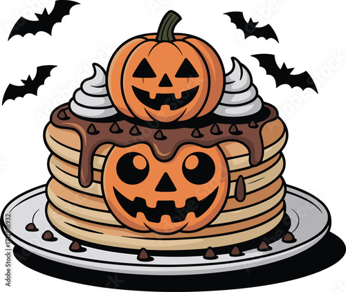 Wallpaper Mural Halloween pumpkin pancake dessert illustration with spooky bats, chocolate syrup topping, jack o lantern face, festive holiday food design Torontodigital.ca