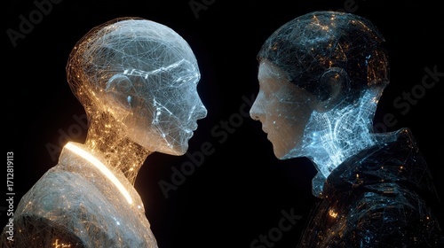 hologram representation of agentic autonomy in a futuristic dialogue between two digital figures conveys exploration of identity and humanlike interaction