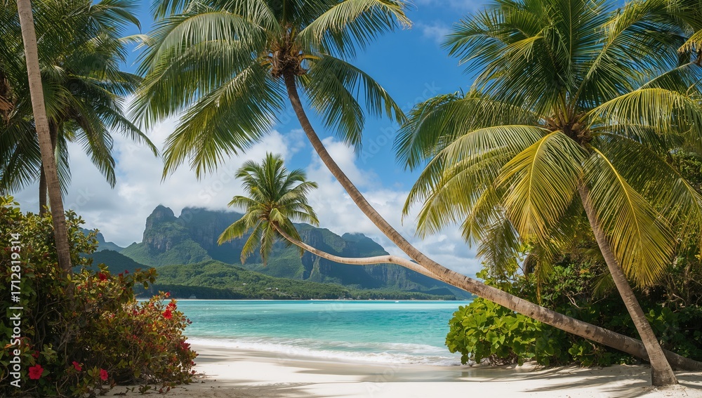 Obraz premium Tropical palm trees lining a sandy shoreline in a remote island paradise