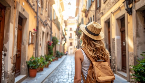 Woman exploring an ancient European town during a sunny vacation, walking and sightseeing