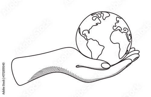 Hand gently holding a sketch of planet earth representing care for global environment vector