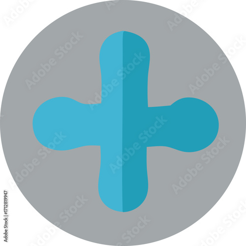 Bright blue plus symbol icon with subtle gray circle background for design and medical applications