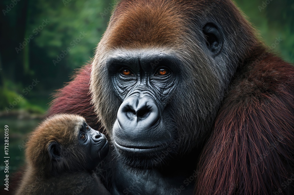 Obraz premium Close-up shot of a mother gorilla and her baby in their natural habitat
