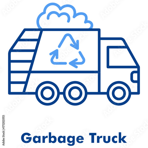 Garbage Truck Two Tone Line Color Vector Icon. Useful for waste collection, recycling, sanitation, and city cleaning services.