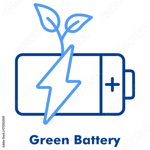 Green Battery Two Tone Line Color Vector Icon. Perfect for renewable power, eco energy, electric vehicle, and sustainability topics.