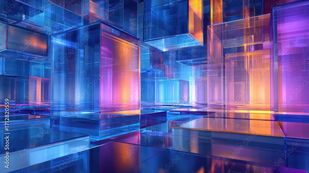Naklejka premium abstract background with glass cubes and blue purple and orange lights in the style of futuristic architecture