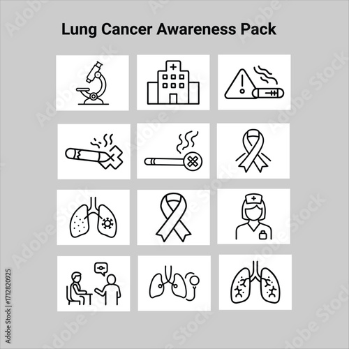 Lung Cancer Awareness Vector Icon Pack – Ribbon, Lungs, Anti-Smoking, Doctor, Hospital & Healthcare Symbols