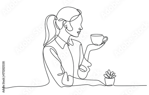 Young woman enjoying a warm cup of coffee in a minimalist continuous line drawing style vector
