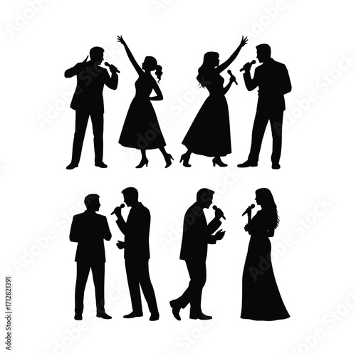 Multiple musical performance silhouettes featuring singers in dynamic poses arranged in two rows isolated black and white vector illustration