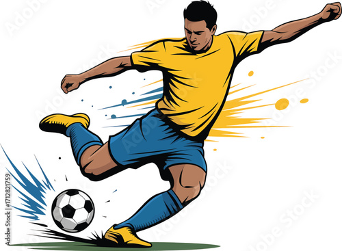 Soccer player in yellow and blue kicking a ball with blue and yellow motion lines football athlete