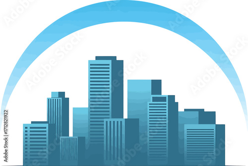 Stylized illustration of a city skyline enclosed by a blue arch on a white background buildings skyscrapers