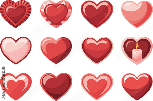 Twelve Red and Pink Heart Icons with Different Styles and Effects hearts love
