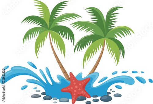 Two Palm Trees with Starfish and Water Splash on White Background Keywords: palm trees, starfish, red starfish, water splash, ocean, sea, beach