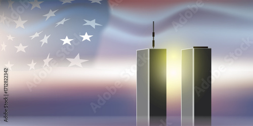 Twin Towers silhouette with USA flag. September 11, 2001. Patriot Day. We will never forget