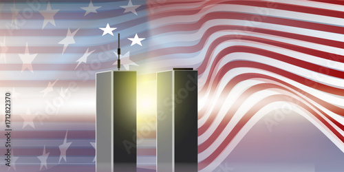 Twin Towers silhouette with USA flag. September 11, 2001. Patriot Day. We will never forget