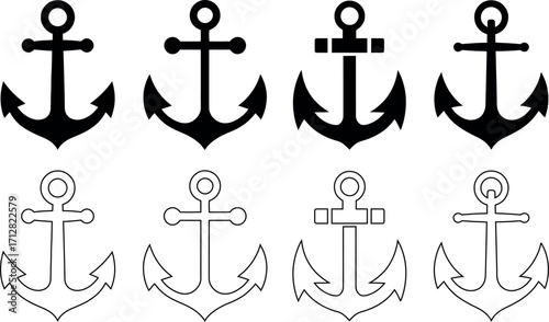 Collection of Nautical Anchor Illustrations in Black and White Styles