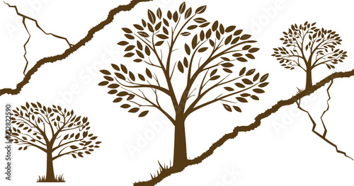 Decorative tree silhouette illustration with leaves and cracked ground effect, natural forest design background for , landscape, artistic, and environmental graphic projects