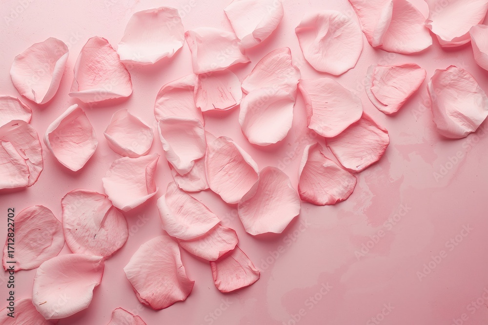 Obraz premium Soft pink rose petals artfully placed on a light pastel backdrop, ideal for romantic occasions and love-themed cards.