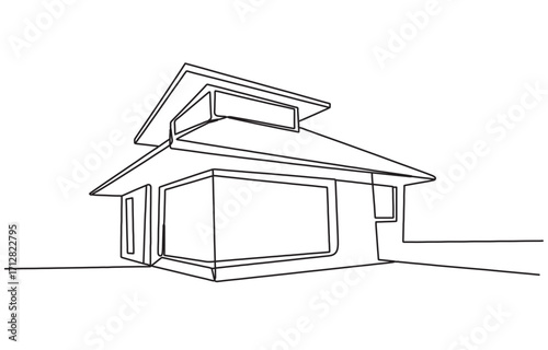 Modern architectural sketch of a single story house with distinctive roofline and large windows vector