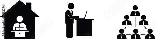 Work environment icons, remote home office, standing desk workplace, corporate hierarchy team structure, business organization management concept illustration set