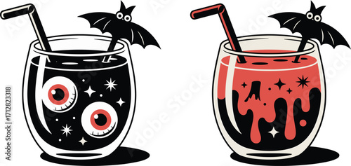 Halloween spooky drinks, creepy cocktail glasses, eyeball beverage, bloody drink illustration, bat decoration, scary party refreshment, gothic holiday design, horror celebration artwork