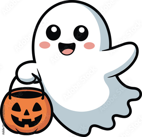 Cute cartoon ghost holding pumpkin bucket, happy Halloween illustration, spooky holiday vector design, festive trick or treat character art