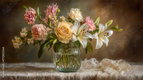 A vase of flowers sits on a table. The flowers are pink and white and include roses and lilies. The vase is clear and filled with water. The table is covered with a white cloth