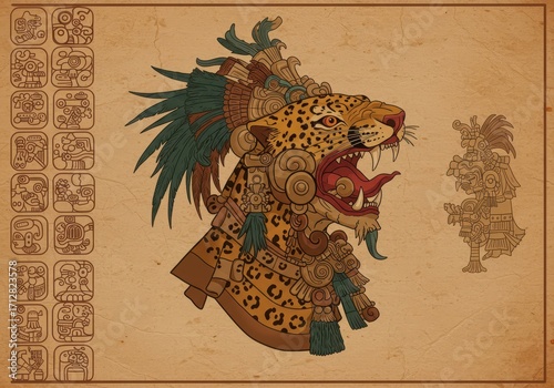Ornate jaguar head adorned with Mayan glyphs and intricate details, evoking a sense of ancient power and symbolism.