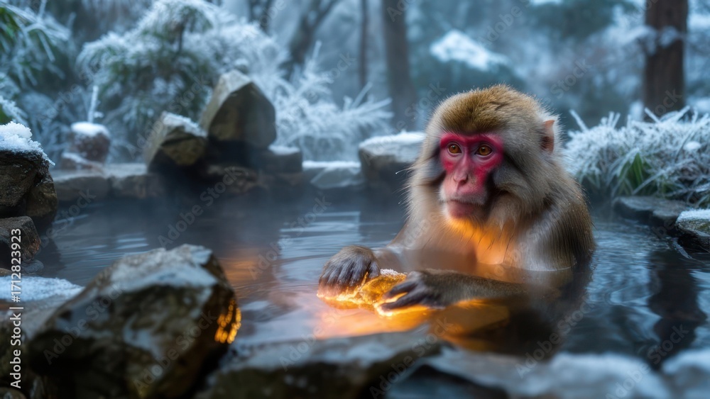 Naklejka premium Snow monkey in hot spring at night