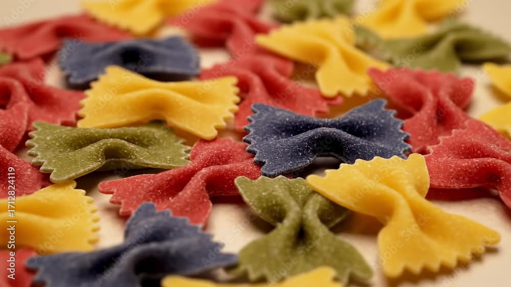 Colorful Farfalle Pasta Close-Up - A vibrant close-up shot showcases a collection of colorful farfalle pasta, arranged artfully on a white background.