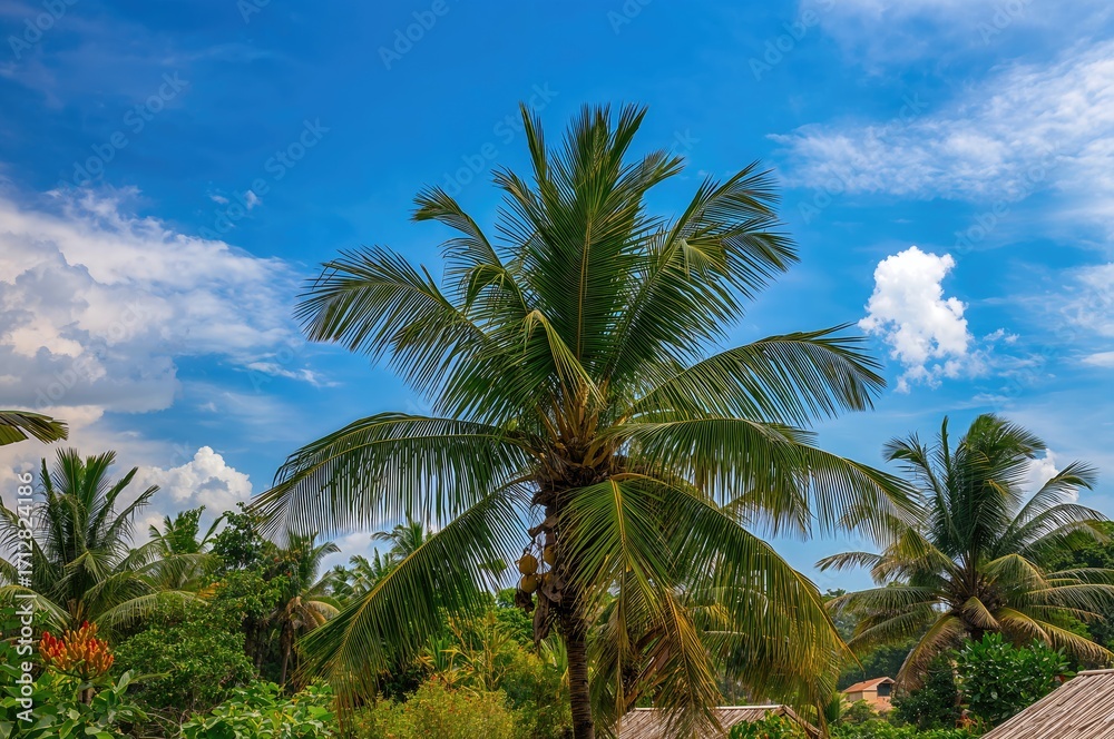 Obraz premium Tropical backdrop featuring a palm tree against a clear blue sky