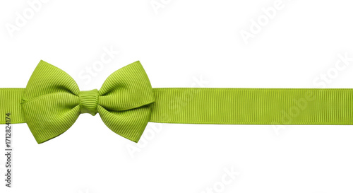 Bright lime green grosgrain ribbon with vertical ribbed texture tied into a neat bow on the left, extending horizontally on a transparent background, ample copy space. Concept for elegant gifting