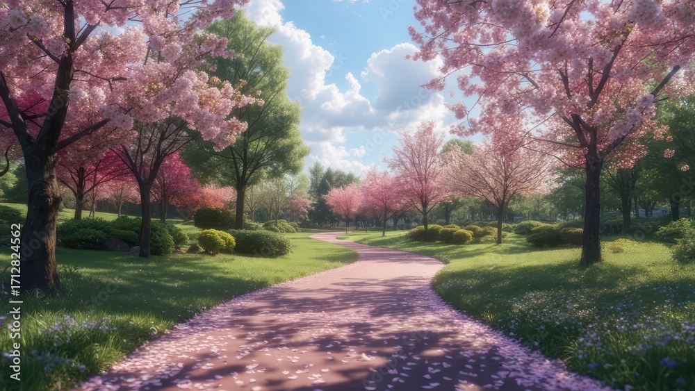 Naklejka premium Spring park path with cherry blossoms