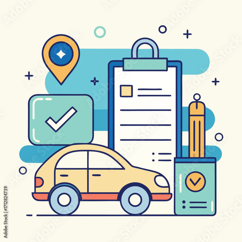 Car Insurance Illustration — Minimal Line + Flat Vector (Green–Purple)