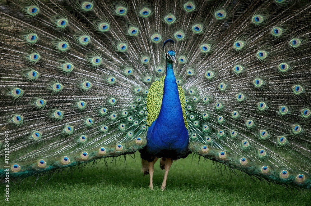 Obraz premium Colorful bird displaying plumage in a natural garden setting, pattern and design elements with green and blue hues