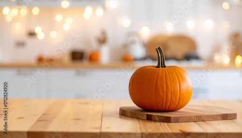 Single pumpkin on wooden board, blurred kitchen background