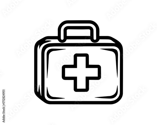 Minimalist First Aid Kit Icon – Black and White Medical Line Drawing with Cross Symbol