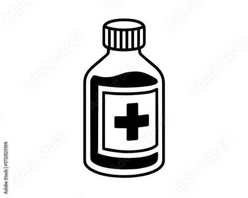 Minimalist Medicine Bottle Icon – Black and White Pharmaceutical Line Drawing with Medical Cross