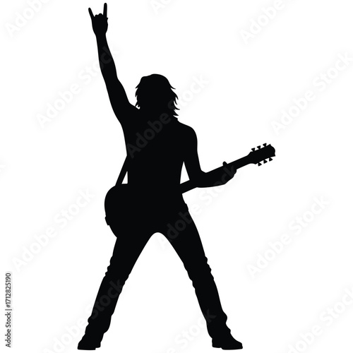 Rock singer silhouette with electric guitar and raised hand performing live concert isolated black and white vector illustration