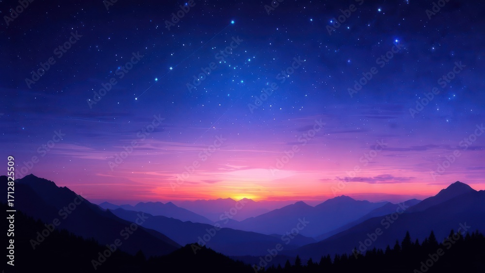 Naklejka premium Starry mountain sunset