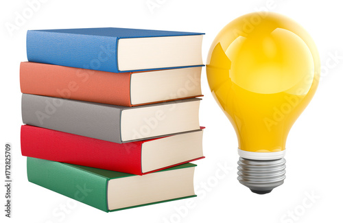 Stack of books with yellow light bulb symbolizing knowledge, learning and creative ideas, 3D rendering