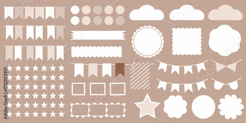Collection of decorative elements including banners flags circles clouds stars and frames in neutral earth tones