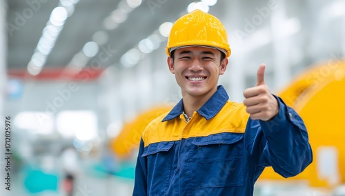 Joyful Asian Engineer in Yellow Hard Hat Giving Thumbs Up Bright Industrial Facility Background.